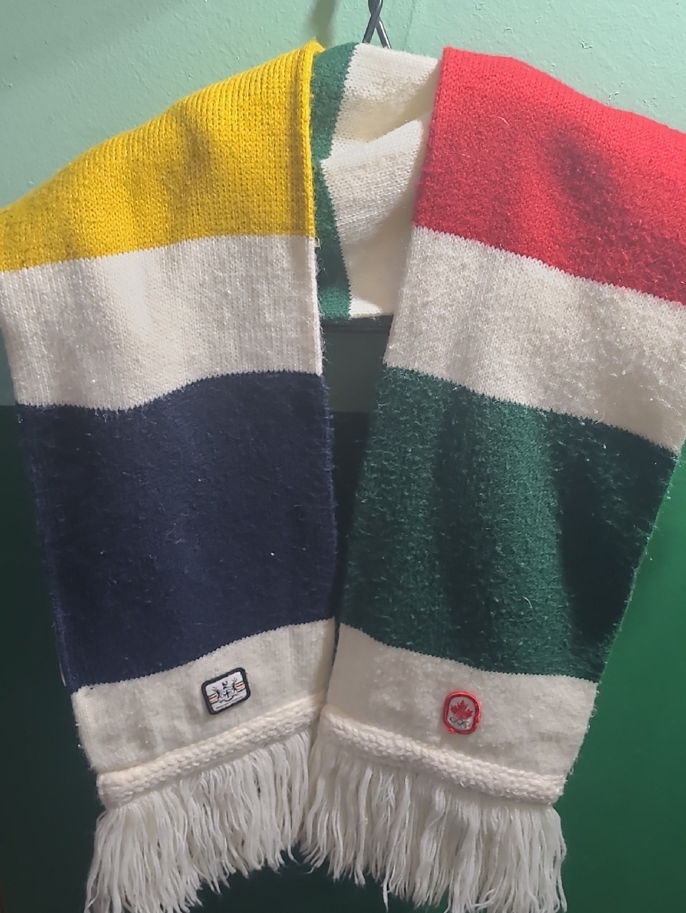 Colorblock Hudsons Bay Fringe Knit Scarf in Red, Green, Navy, Yellow & White